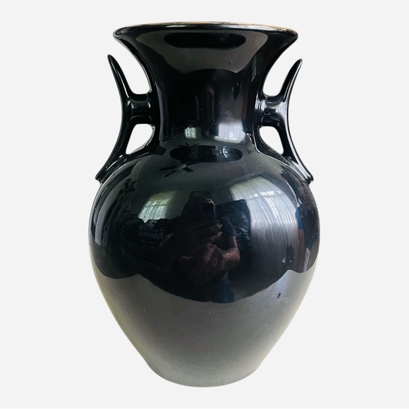 Vintage porcelain vase black hand painted floral bird detail wide handles/openin - Picture 4 of 12